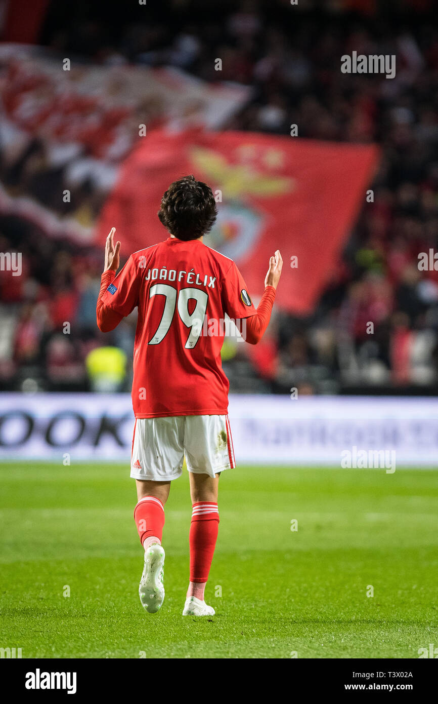 Joao Felix from SL Benfica scores the game's first goal during the UEFA Europa League 2018/2019 football match between SL Benfica vs Eintracht Frankfurt. (Final score: SL Benfica 4 - 2 Eintracht Frankfurt) Stock Photo