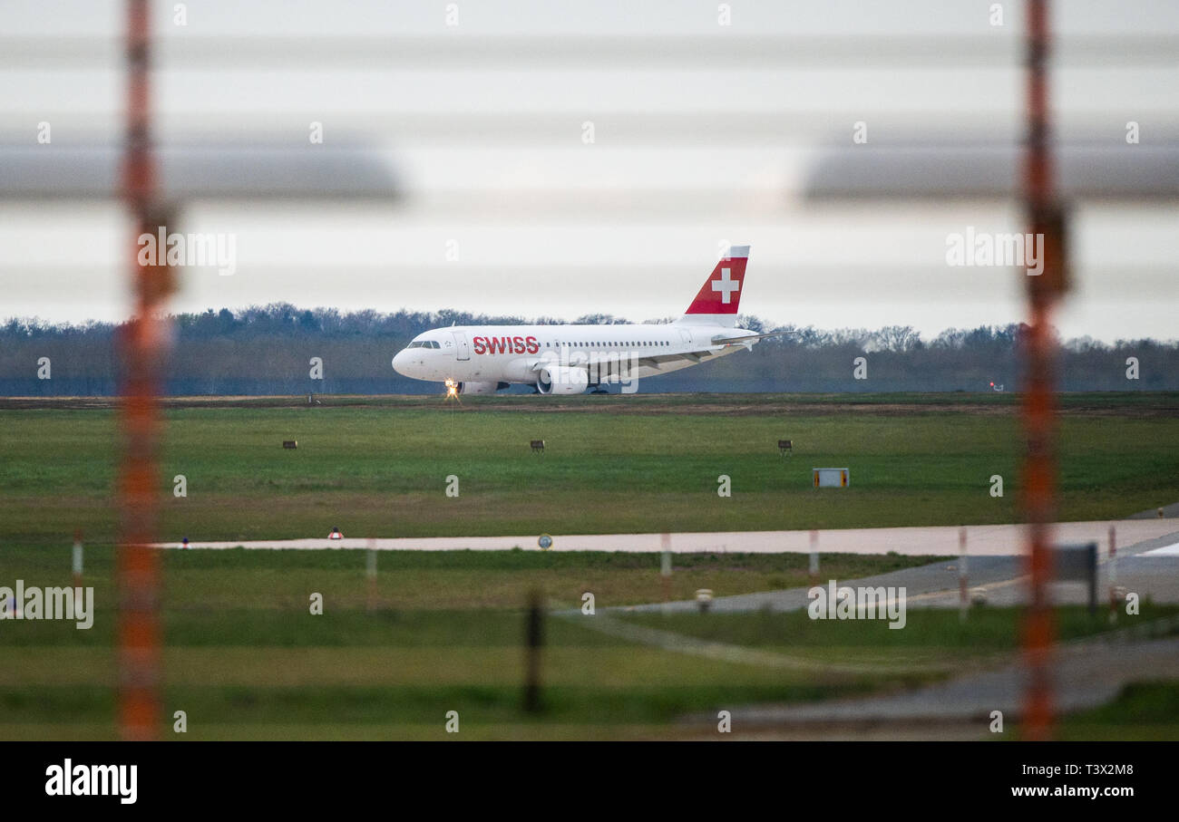 Langenhagen, Germany. 12th Apr, 2019. An Airbus 319 from Swiss is taxiing at Hannover-Langenhagen Airport. Eight federal states will start the Easter holidays this weekend. Credit: Christophe Gateau/dpa/Alamy Live News Stock Photo