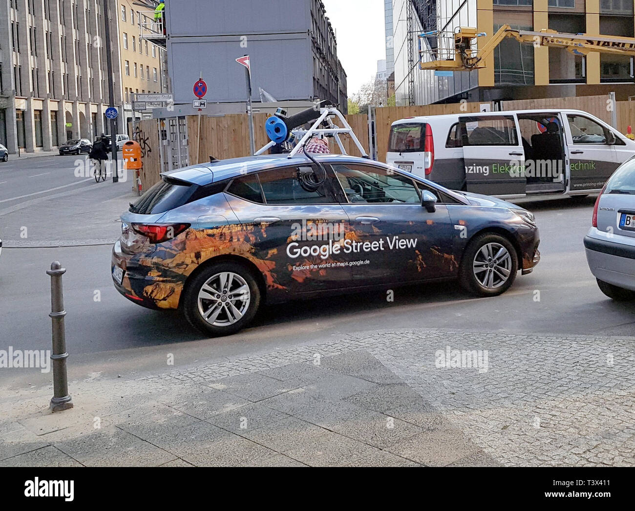 Berlin, Germany. 08th Apr, 2019. A Google Street View vehicle with its special camera folded down is standing on a street corner. Credit: Alexandra Schuler/dpa/Alamy Live News Stock Photo