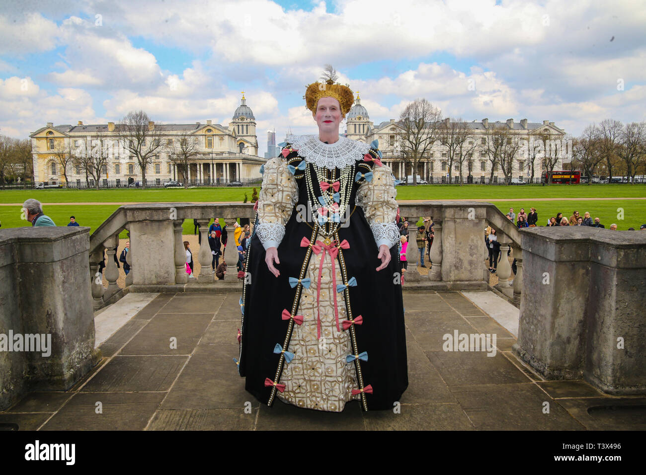 London, UK. 12th Apr, 2019.  Christopher Green English writer and performer whose work covers comedy, cabaret, theater and Live Art took on the role of Elizabeth I in a grand procession from the Queen's House to the National Portrait Gallery.Here, Christopher Green transformed into the icon of Elizabeth I. Construction of an Icon is a performance, a creative design and a communities' project, which offers new ways to share histories of Elizabeth I, and disseminate the iconic Armada Portrait with new audiences. Credit: Paul Quezada-Neiman/Alamy Live News Stock Photo