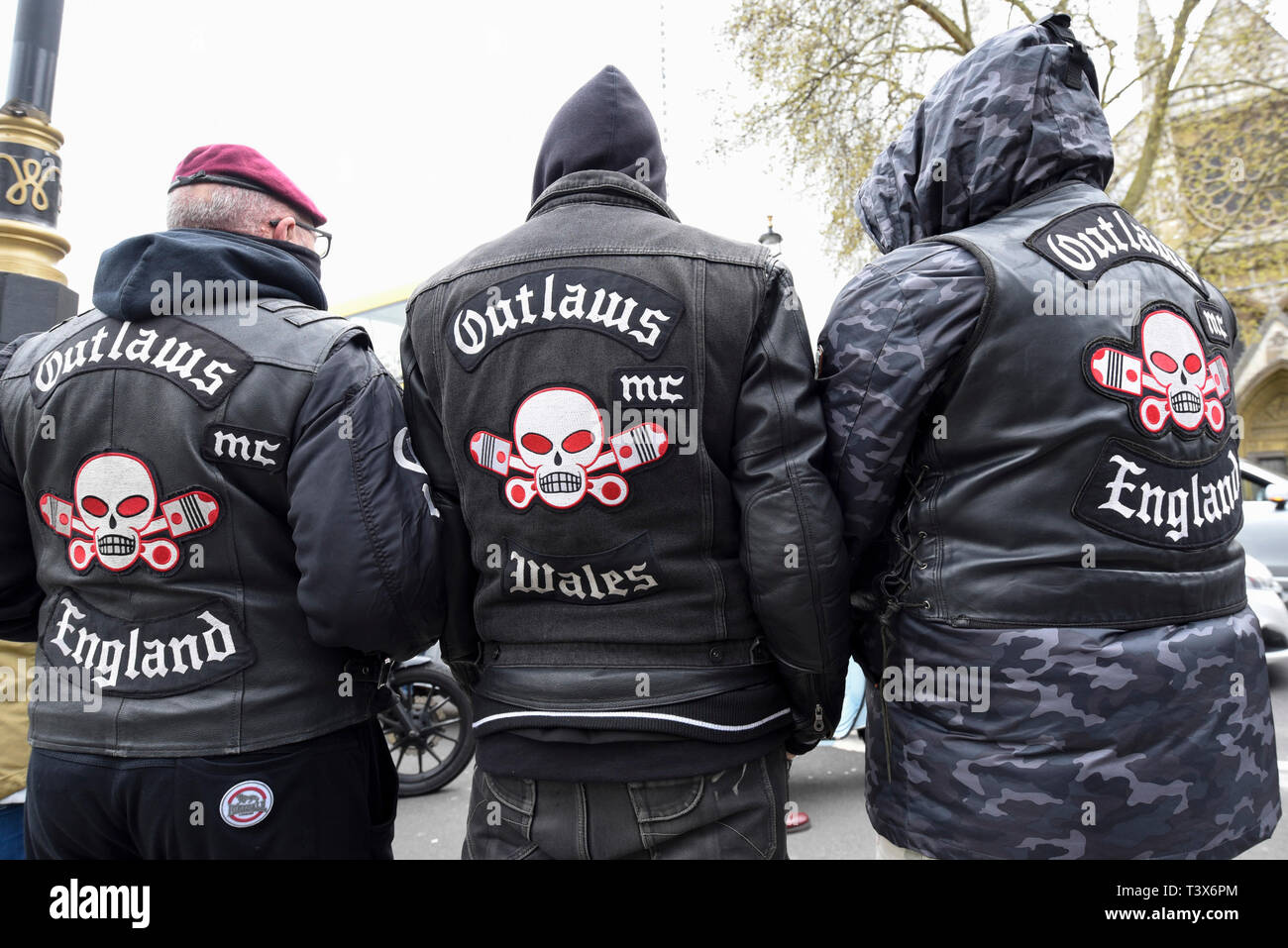 London, UK. 12th Apr 2019.Bikers in their jackets. Thousands of bikers take part in a rally called 'Rolling Thunder' in central London in support of 'Soldier F, a 77-year-old Army veteran who faces charges of murder after killing two civil rights demonstrators in Londonderry, Northern Ireland, in 1972, on what became known as Bloody Sunday. Credit: Stephen Chung/Alamy Live News Stock Photo
