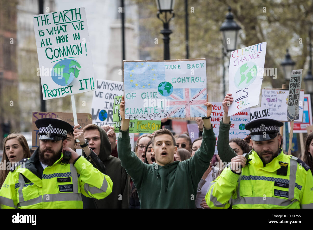 London, UK. 12th April 2019. Students take part in the third Youth Strike 4 Climate. Pupils from schools, colleges and universities walk out from lessons to protest in Westminster for the third Youth Strike 4 Climate / Fridays For Future nationwide climate change protest action. Credit: Guy Corbishley/Alamy Live News Stock Photo