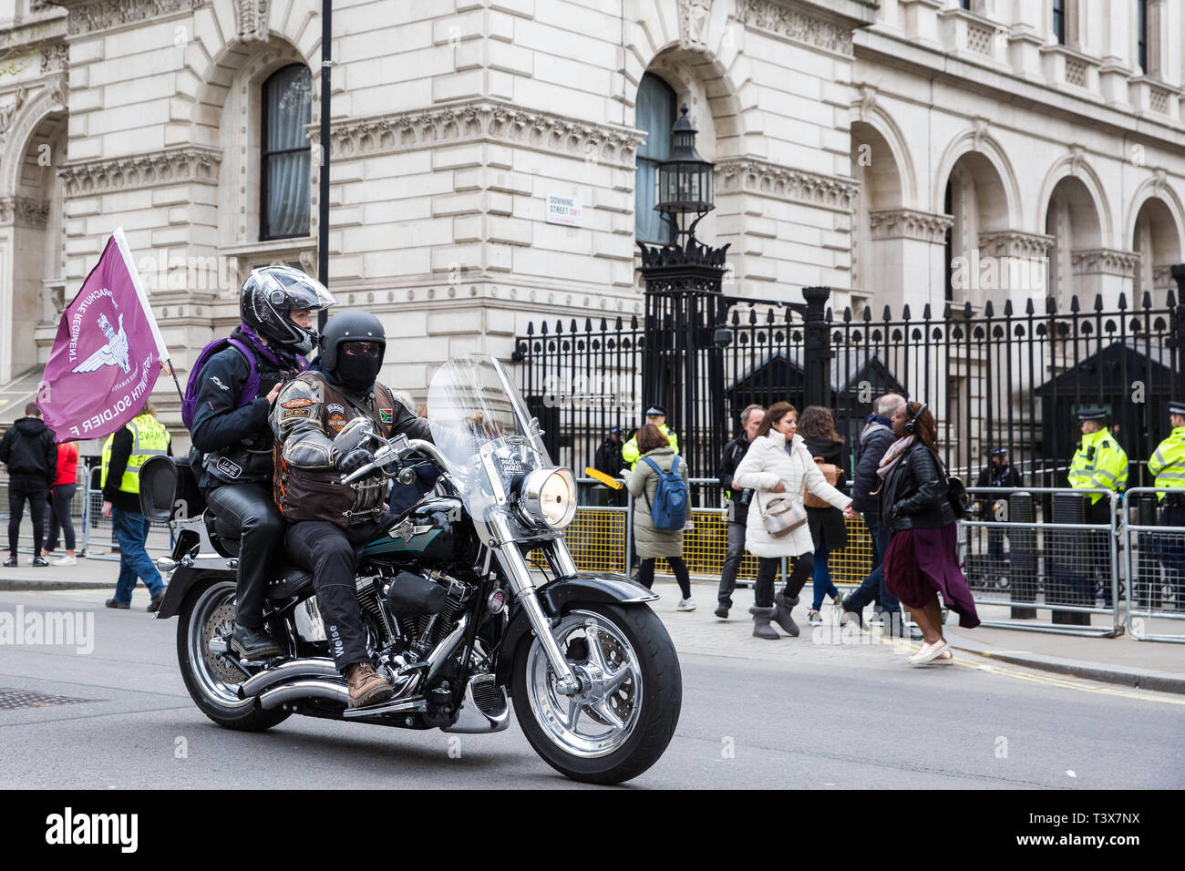 London, UK. 12th April 2019. Bikers in Whitehall attend the Rolling Thunder Ride for Soldier F organised by Harry Wragg and other armed forces veterans in support of the 77-year-old former soldier known as Soldier F who is to be prosecuted for the murders of James Wray and William McKinney at a civil rights march in Londonderry on Bloody Sunday in 1972. Credit: Mark Kerrison/Alamy Live News Stock Photo