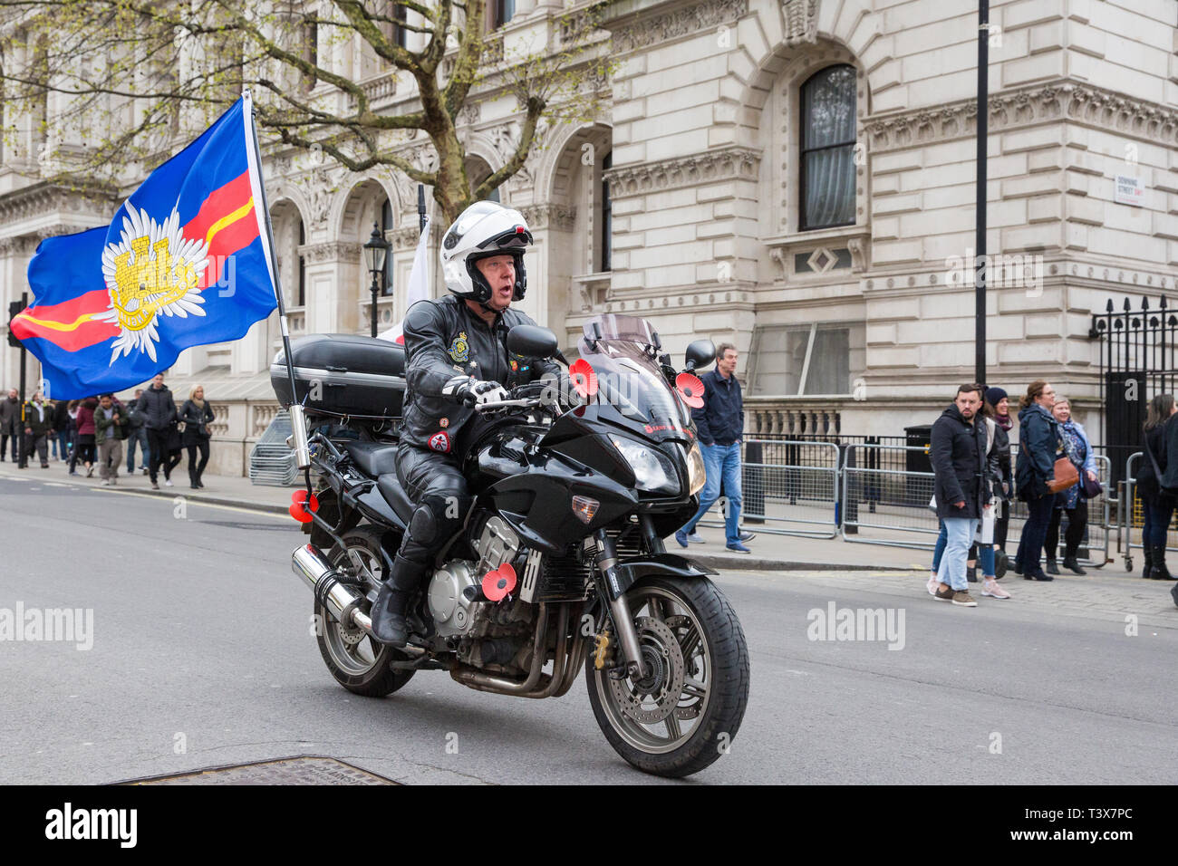 London, UK. 12th April 2019. Bikers in Whitehall attend the Rolling Thunder Ride for Soldier F organised by Harry Wragg and other armed forces veterans in support of the 77-year-old former soldier known as Soldier F who is to be prosecuted for the murders of James Wray and William McKinney at a civil rights march in Londonderry on Bloody Sunday in 1972. Credit: Mark Kerrison/Alamy Live News Stock Photo