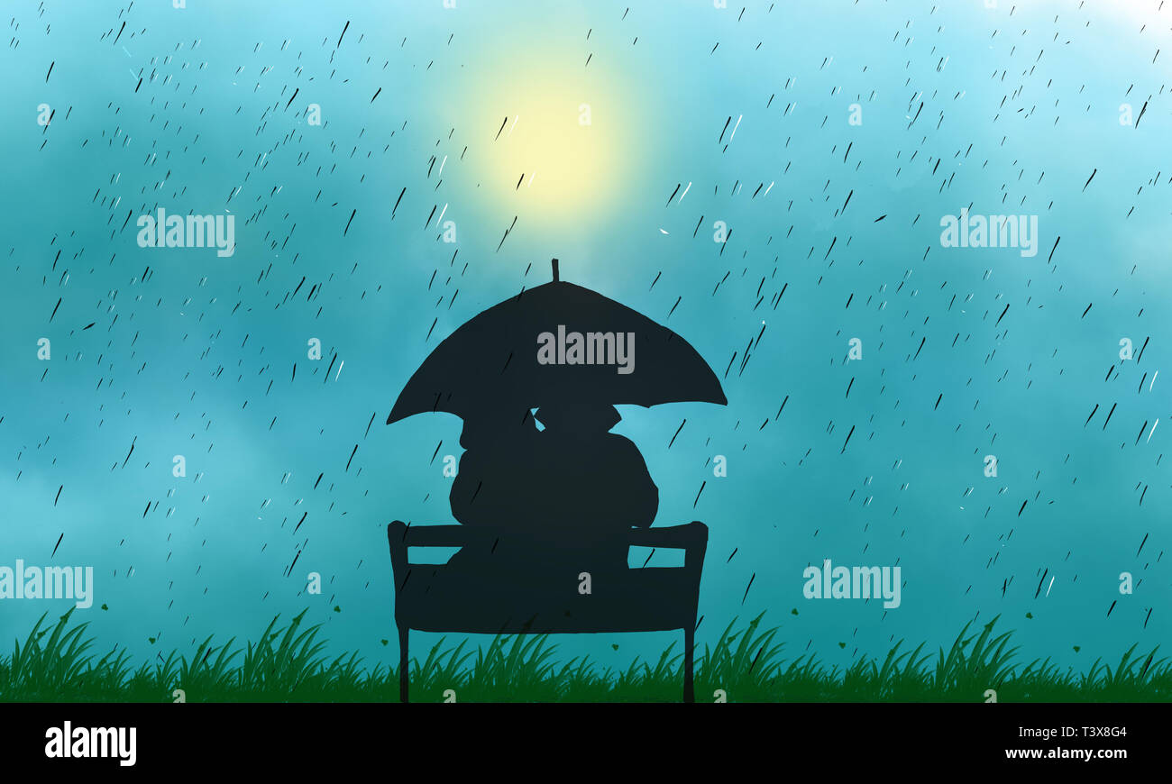 Couple in mid-autumn rainy day sitting at bench love illustration.  Cloudy sky with blurred sun. View of couple back under umbrella sitting at park. Stock Photo