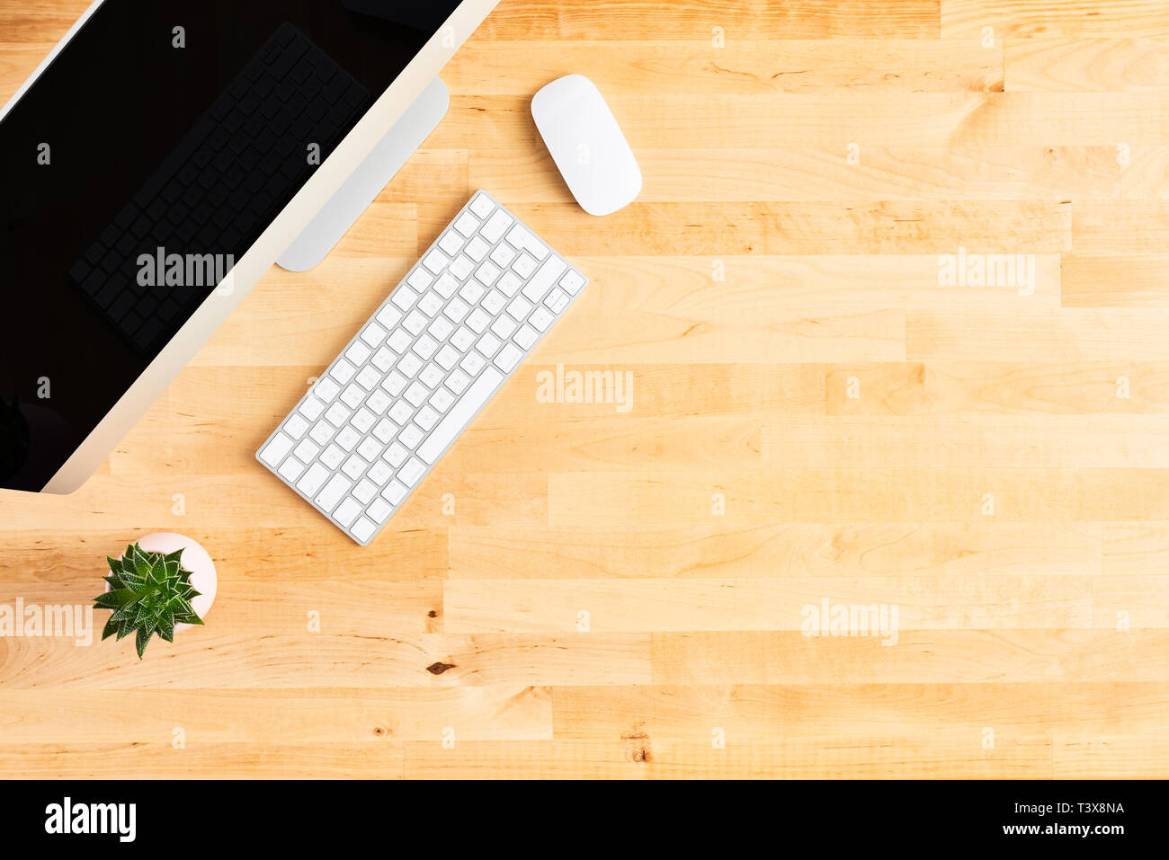 Desktop Computer Top View Of Wooden Office Desk With Large
