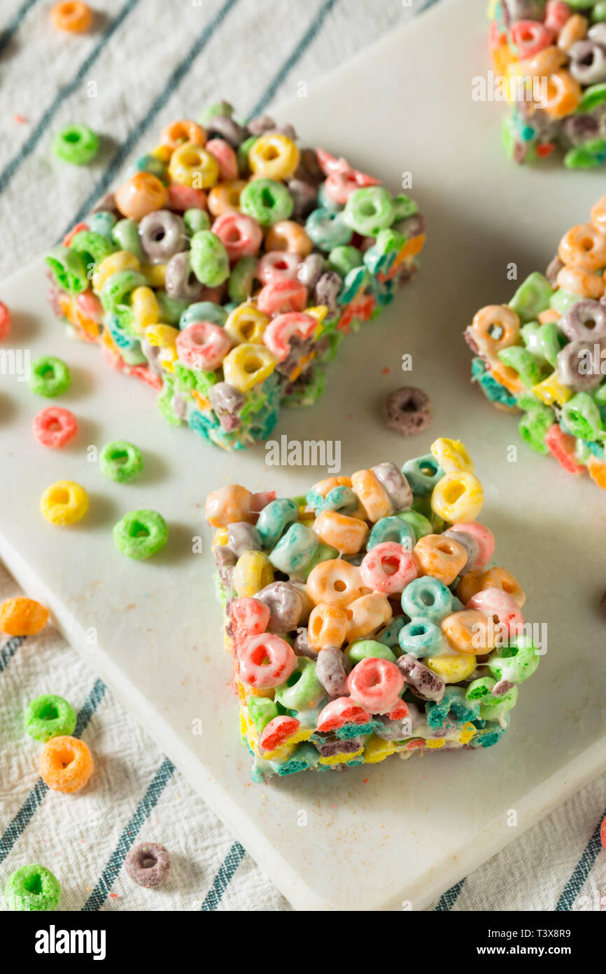Homemade Fruit Cereal Marshmallow Treat Squares Ready to EAt Stock Photo