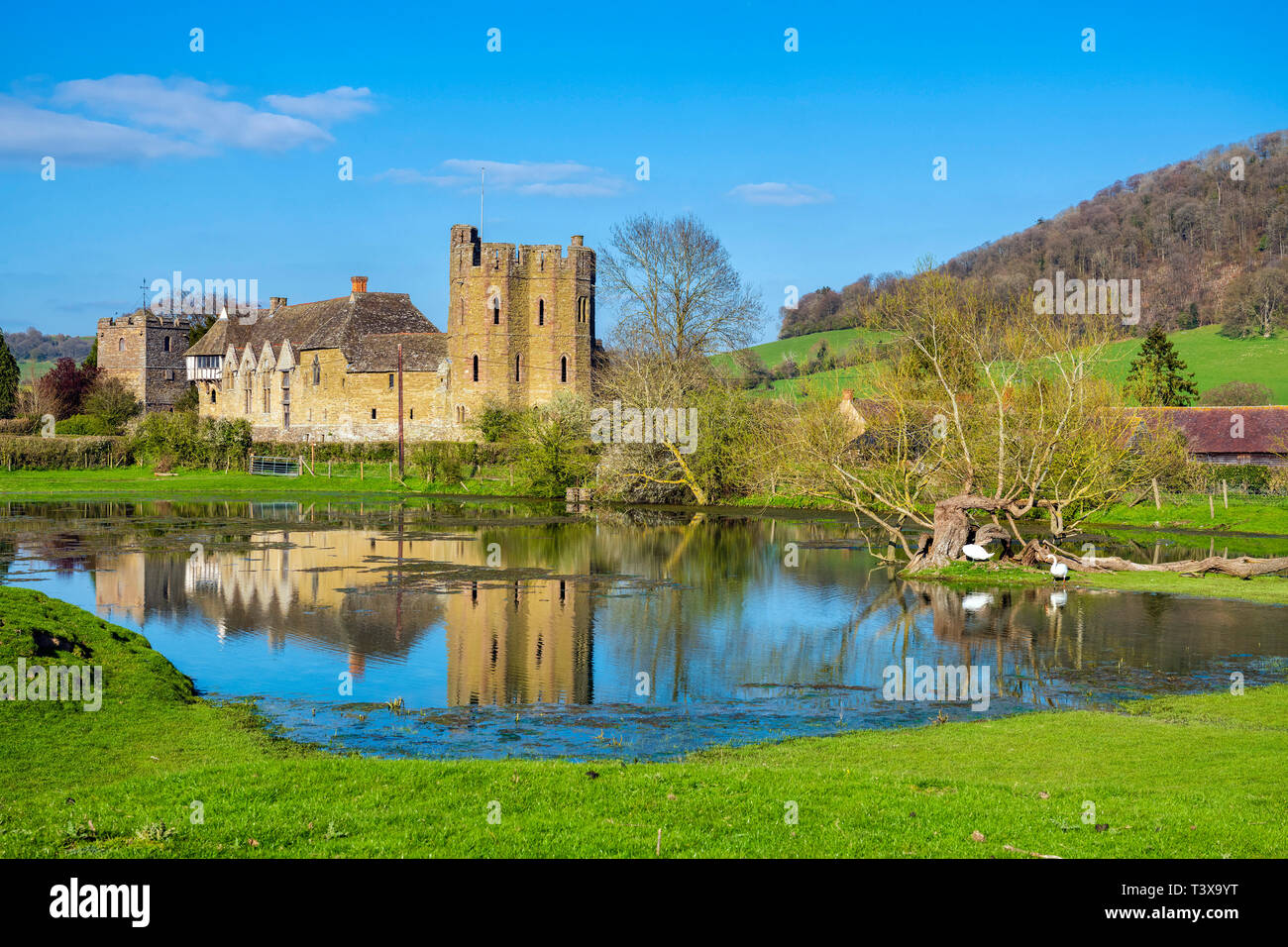 Stokesay Castle, Shropshire, UK. Photo showing reflection in pond, taken from public footpath. Stock Photo