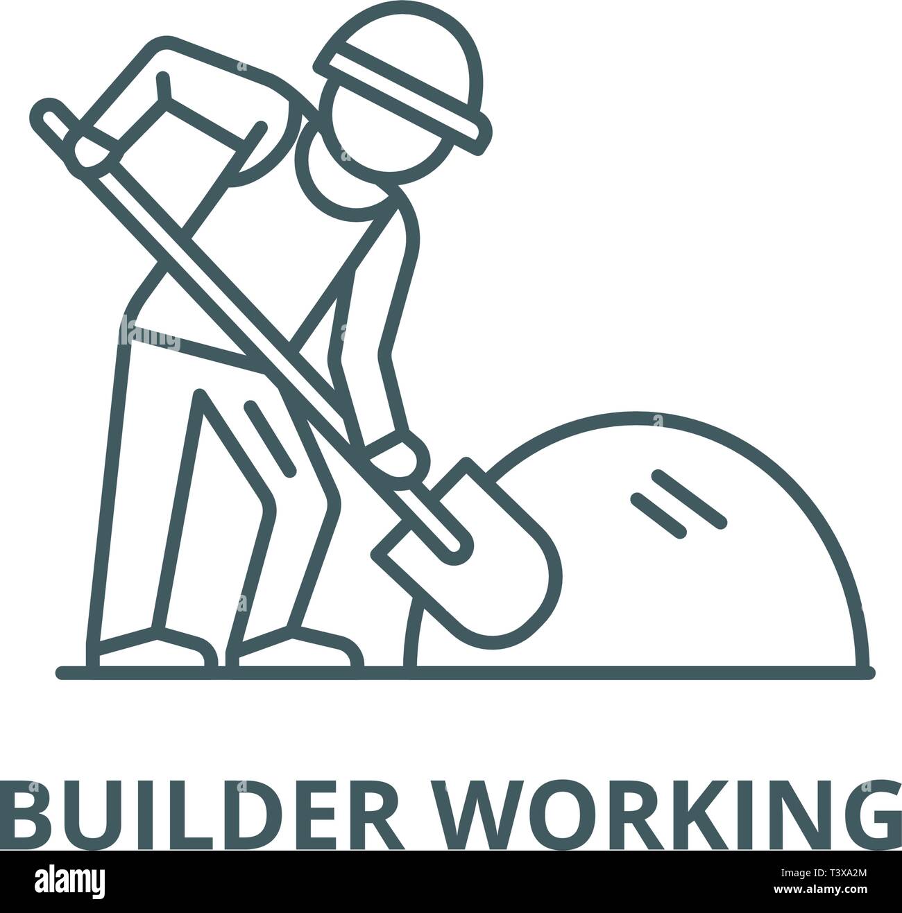 Builder working with shovel line icon, vector. Builder working with shovel outline sign, concept symbol, flat illustration Stock Vector