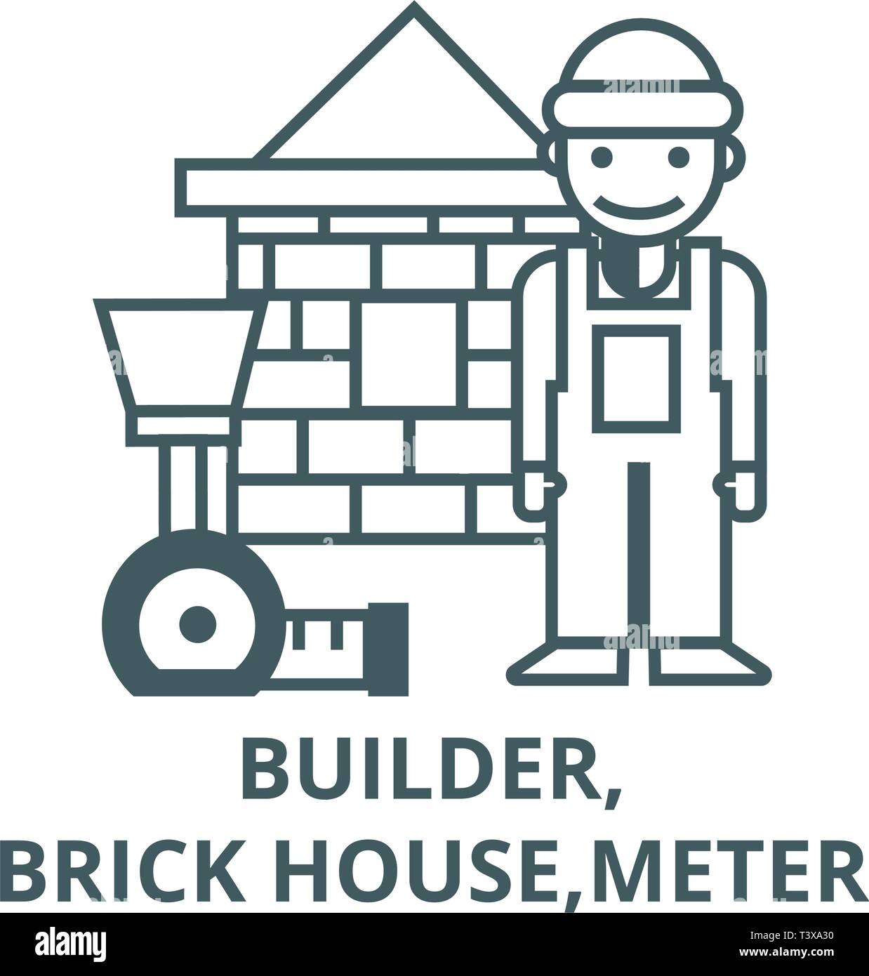 Builder,brick house,meter line icon, vector. Builder,brick house,meter ...