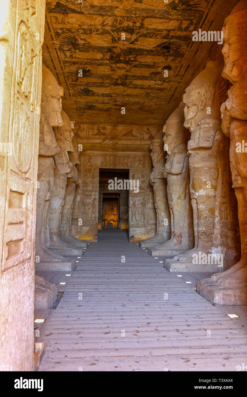 Wall decorations or reliefs inside the Abu Simbel Great Temple at Abu Simbel, a village in Nubia, southern Egypt, North Africa Stock Photo