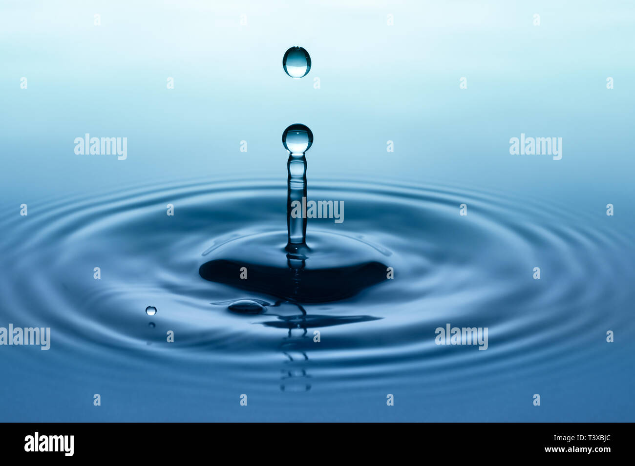 Splash. Rain drop falling on smooth surface of water Stock Photo