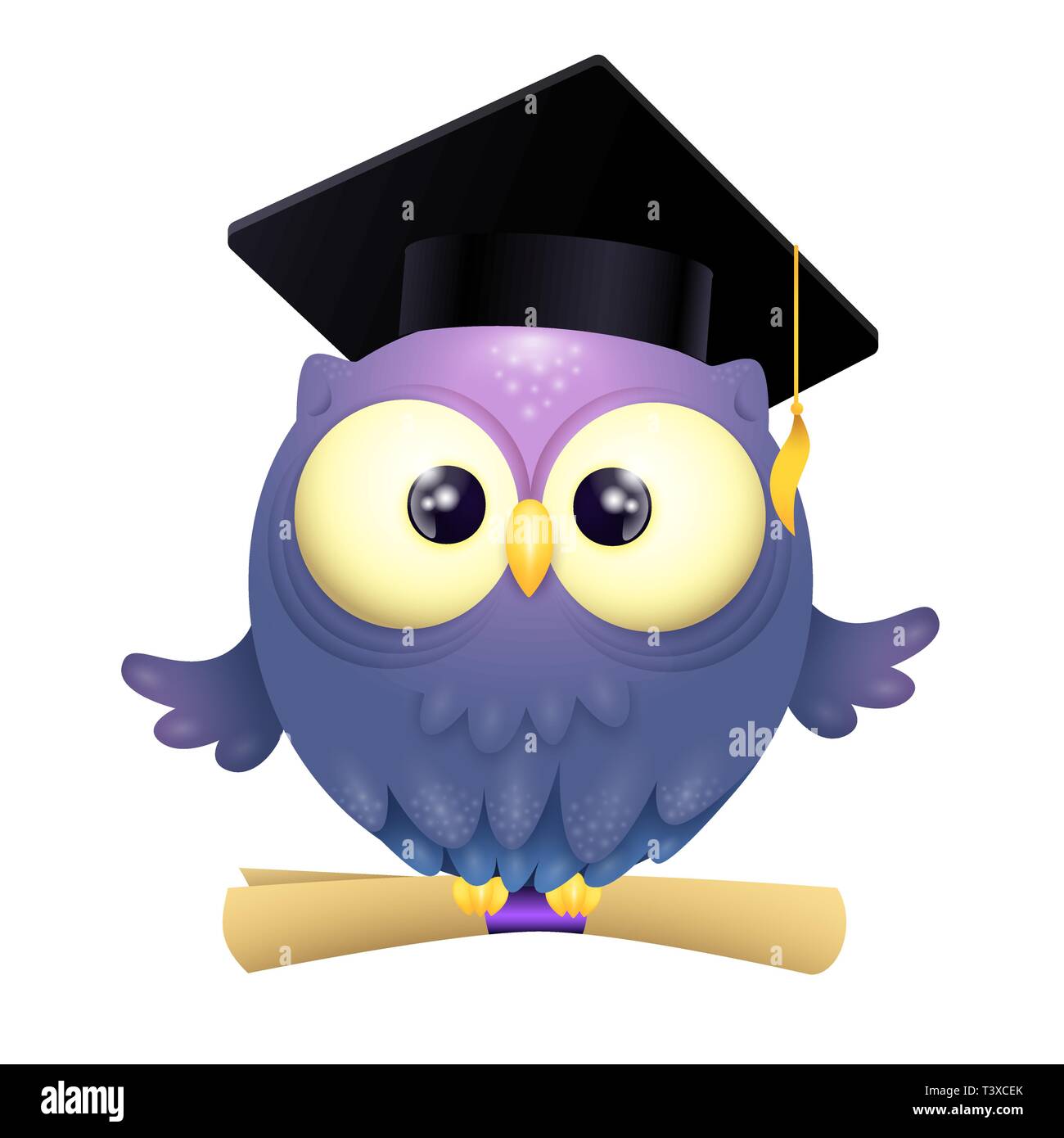 Vector Illustration of a cute lillte Owl wearing graduation cap and holding diploma while flying Stock Vector