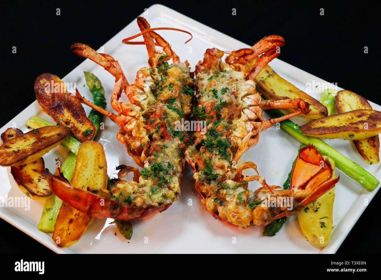 Canadian lobster thermidor with asparagus and potato Stock Photo Alamy