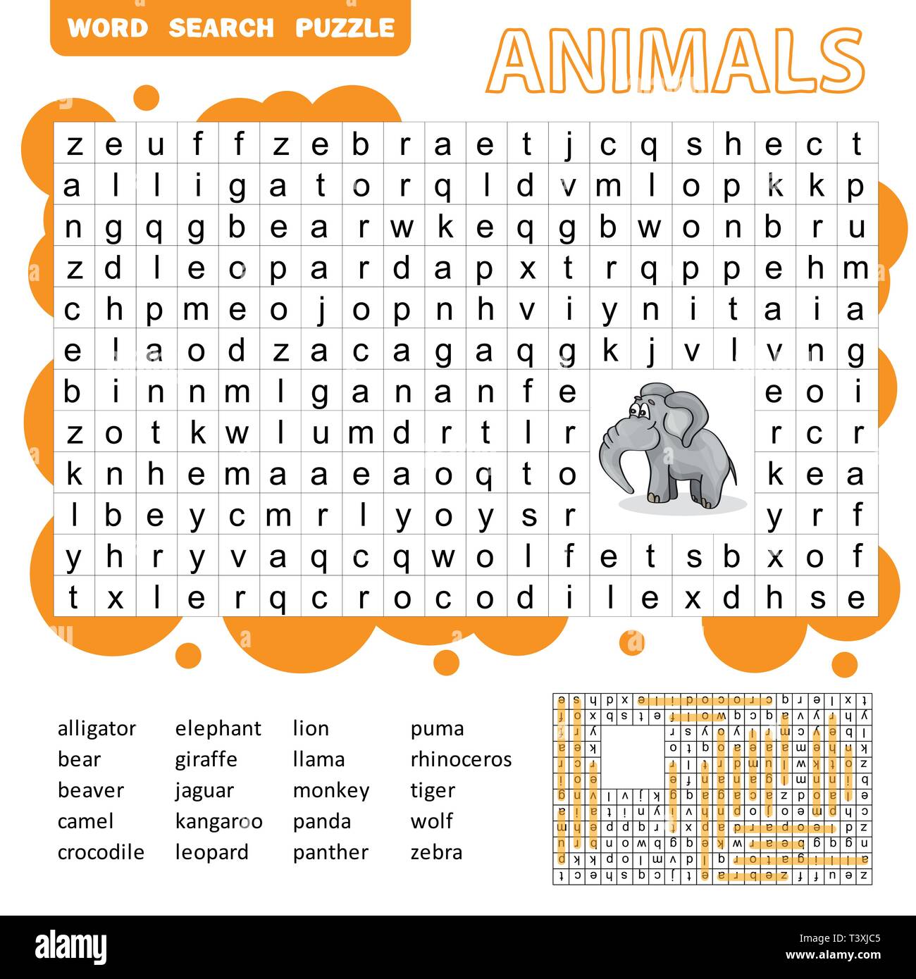 Words search puzzle game of animals for preschool kids activity worksheet  colorful printable version. Vector Illustration Stock Vector Image & Art -  Alamy