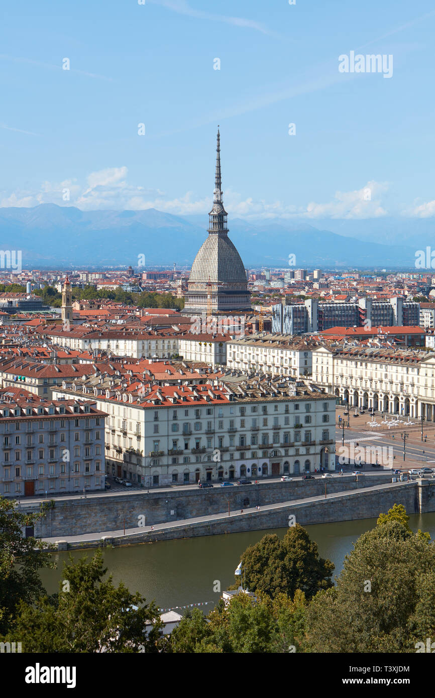 Turin view, Po river and Mole Antonelliana tower in a sunny summer day in Italy Stock Photo
