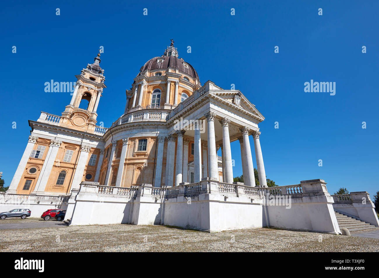 TURIN, ITALY - AUGUST 21, 2017: Superga basilica on Turin hills, wide angle view in a sunny summer day in Italy Stock Photo