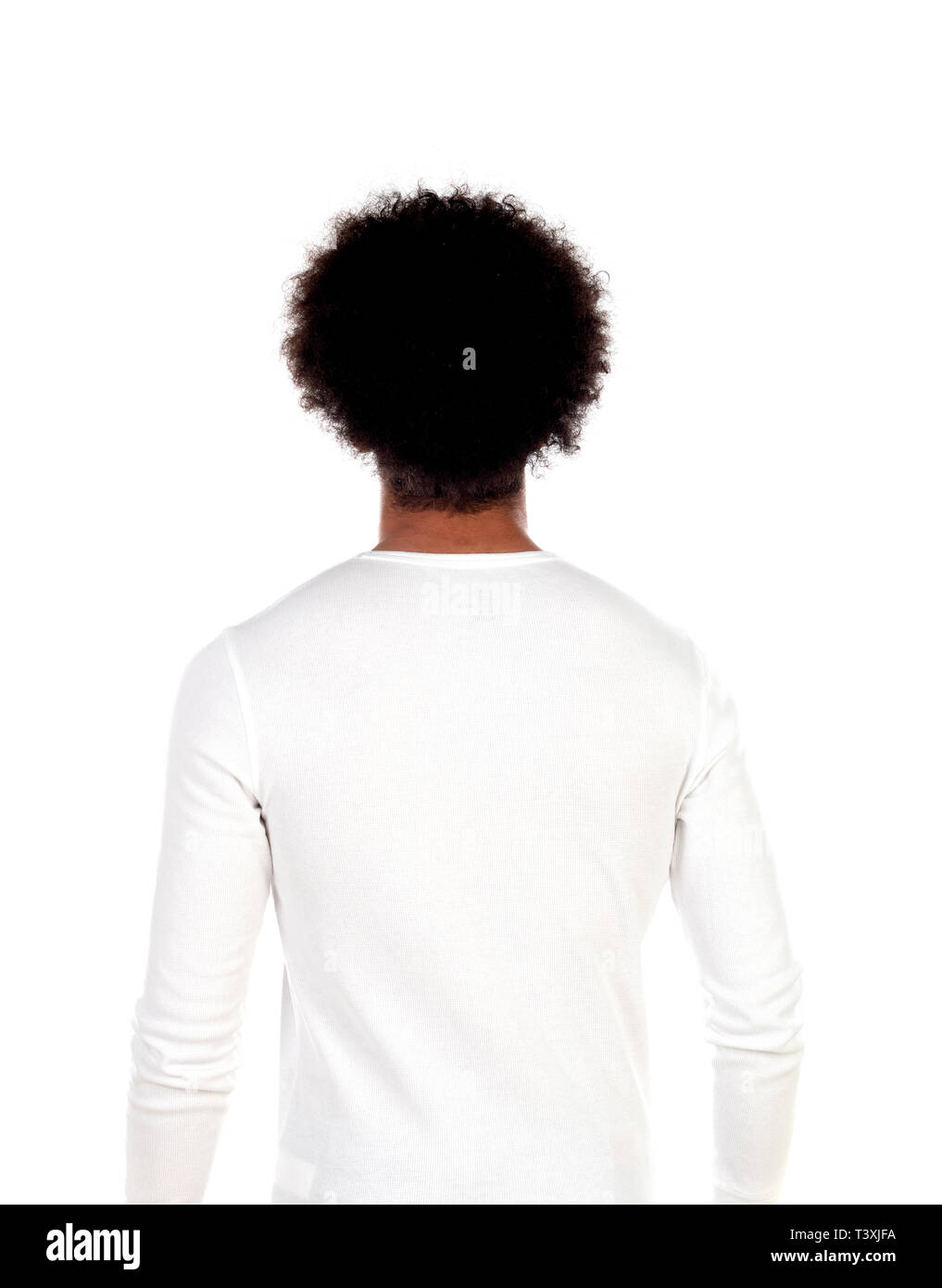 Portrait young man with afro hairstyle posing back on a white background Stock Photo