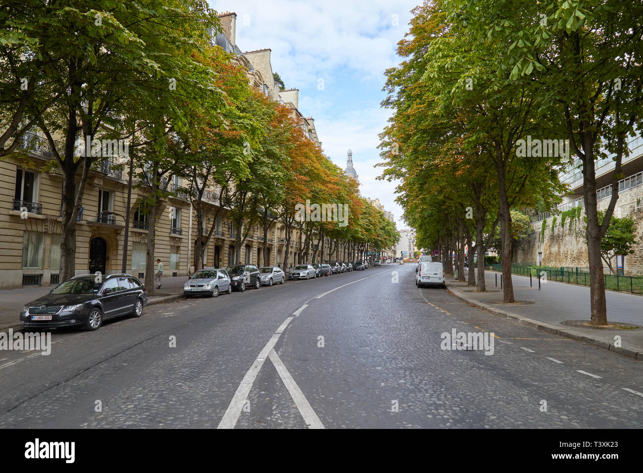 PARIS, FRANCE - JULY 23, 2017: Empty street with trees and car parked in summer in Paris, France Stock Photo