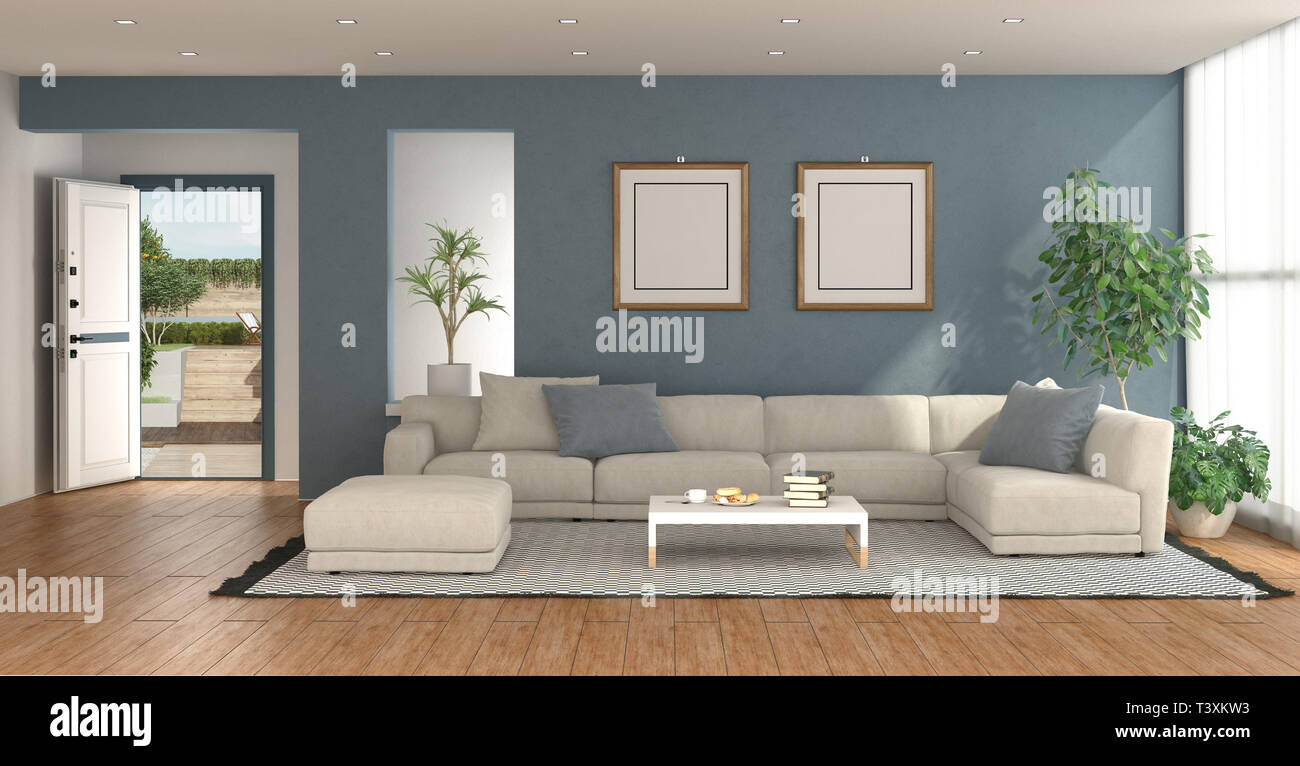 Modern living room with open entrance door with garden on background - 3d rendering Stock Photo