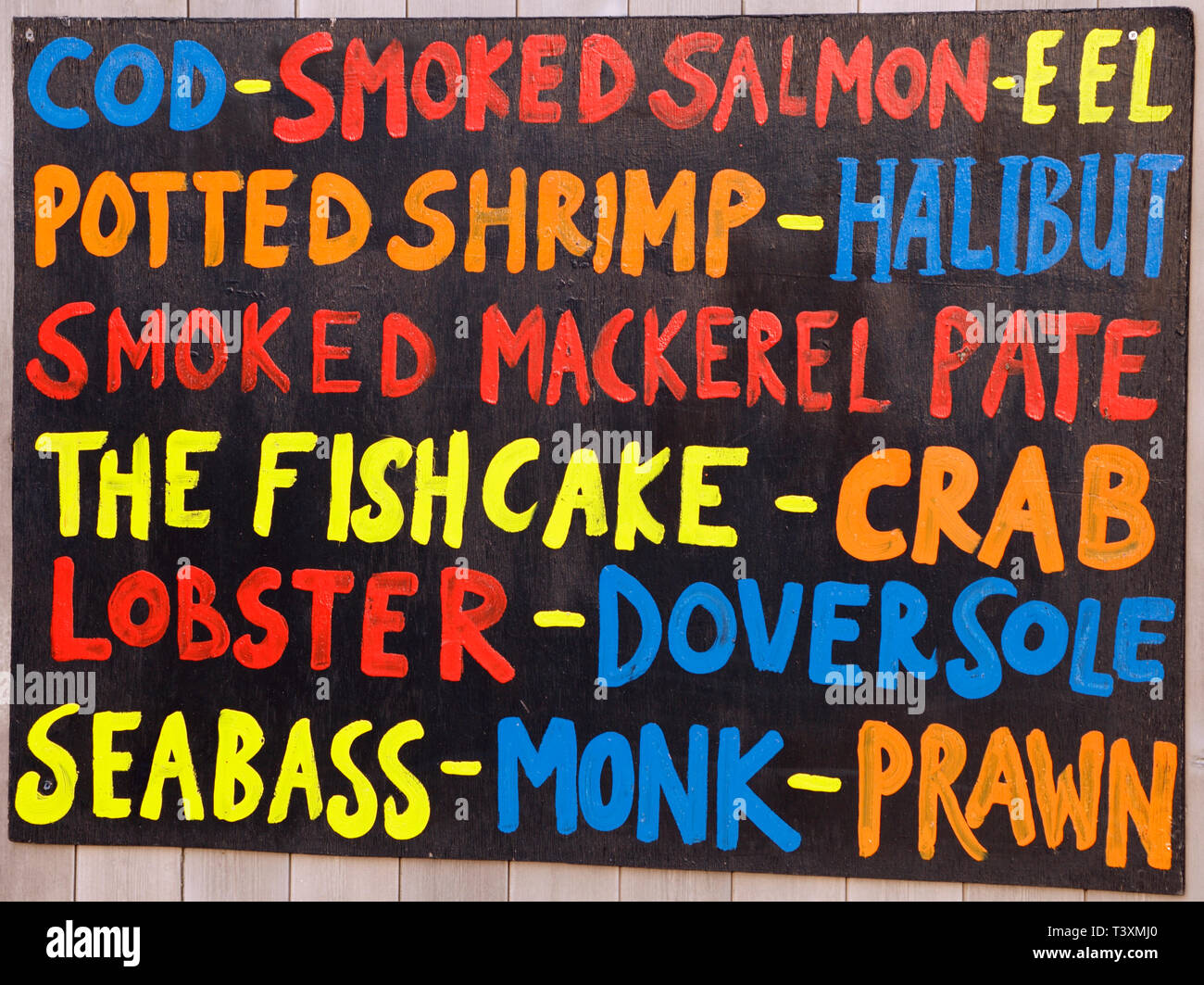Gurneys, sea food, shop, sign, wet fish, fishmonger, Drove Orchards Farmshop, Thornham, Norfolk, UK. Stock Photo