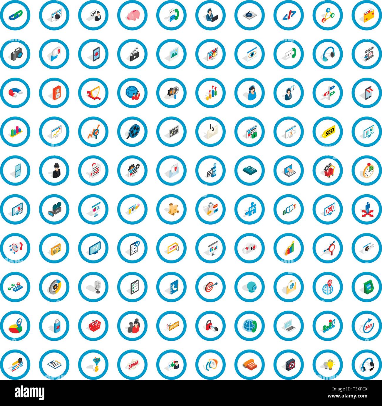 100 seo icons set, isometric 3d style Stock Vector