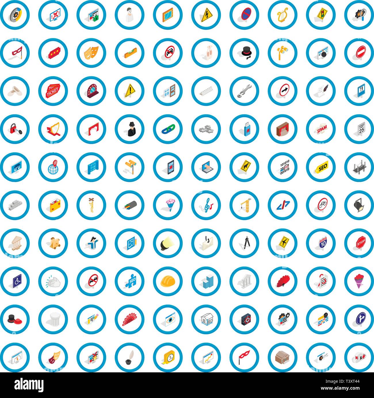 100 settings icons set, isometric 3d style Stock Vector