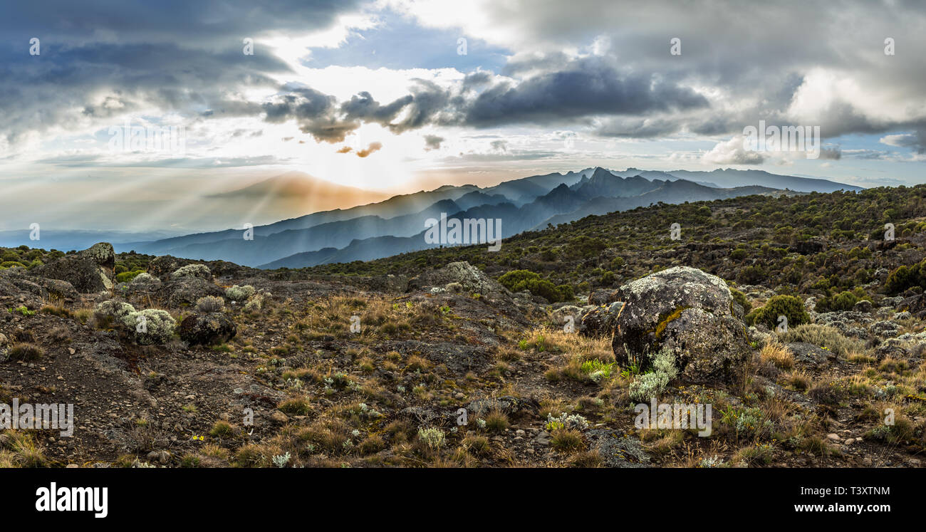 Panoramic view of sunset over Mount Meru in Tanzania taken from the Shira Cave camp on the Machame route of Kilimanjaro. Sunrays burst through clouds Stock Photo