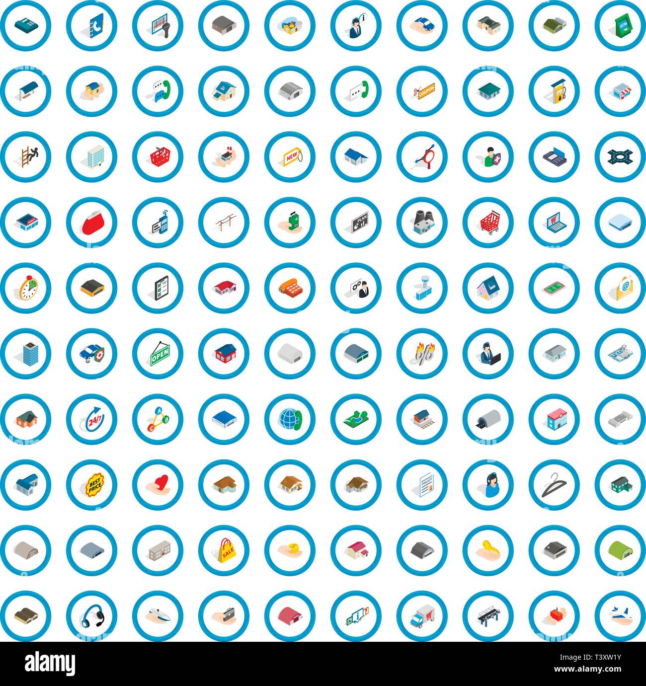 100 shed icons set, isometric 3d style Stock Vector