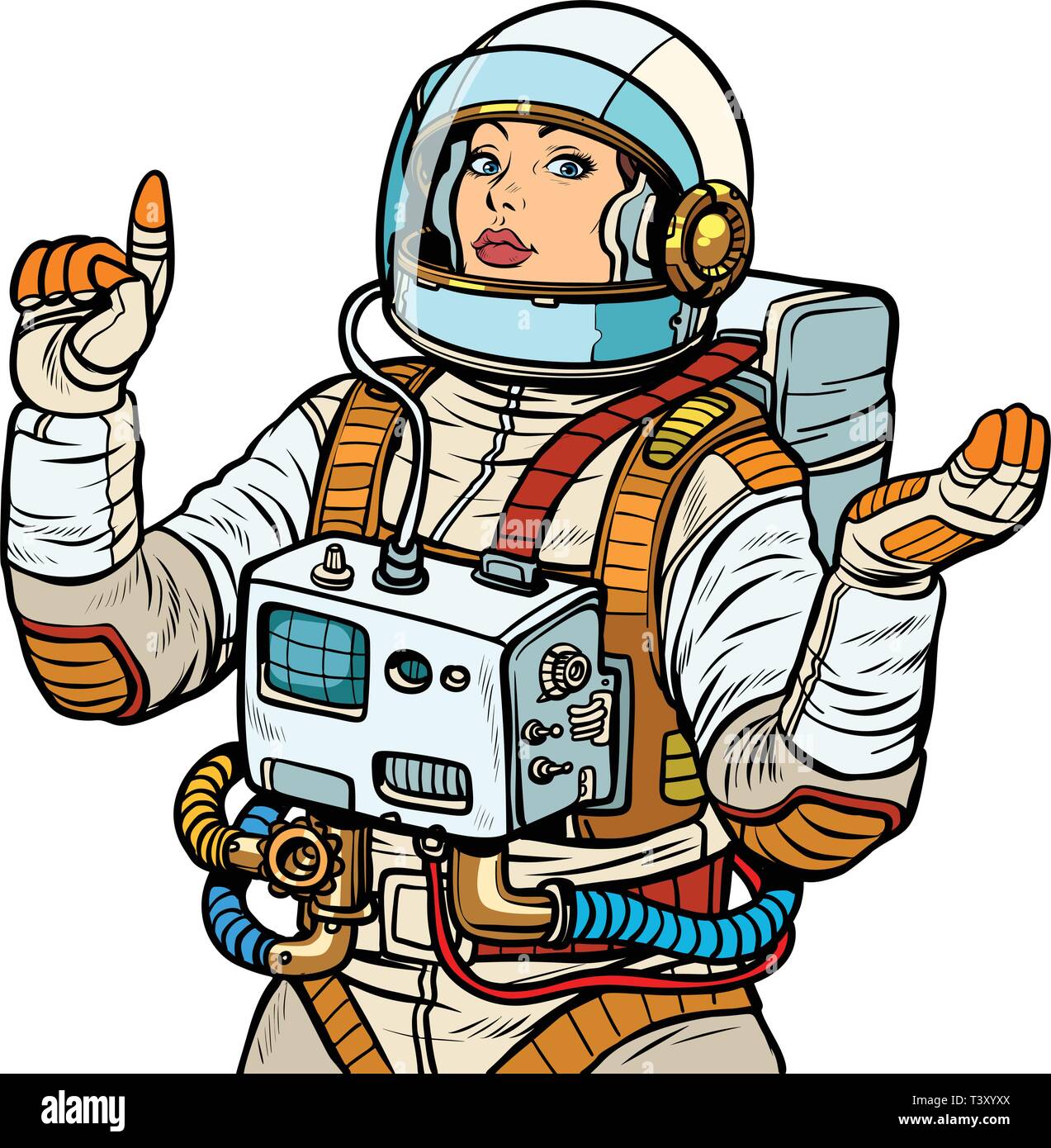 woman astronaut, space exploration isolate on white background. Pop art retro vector illustration vintage kitsch 50s 60s Stock Vector