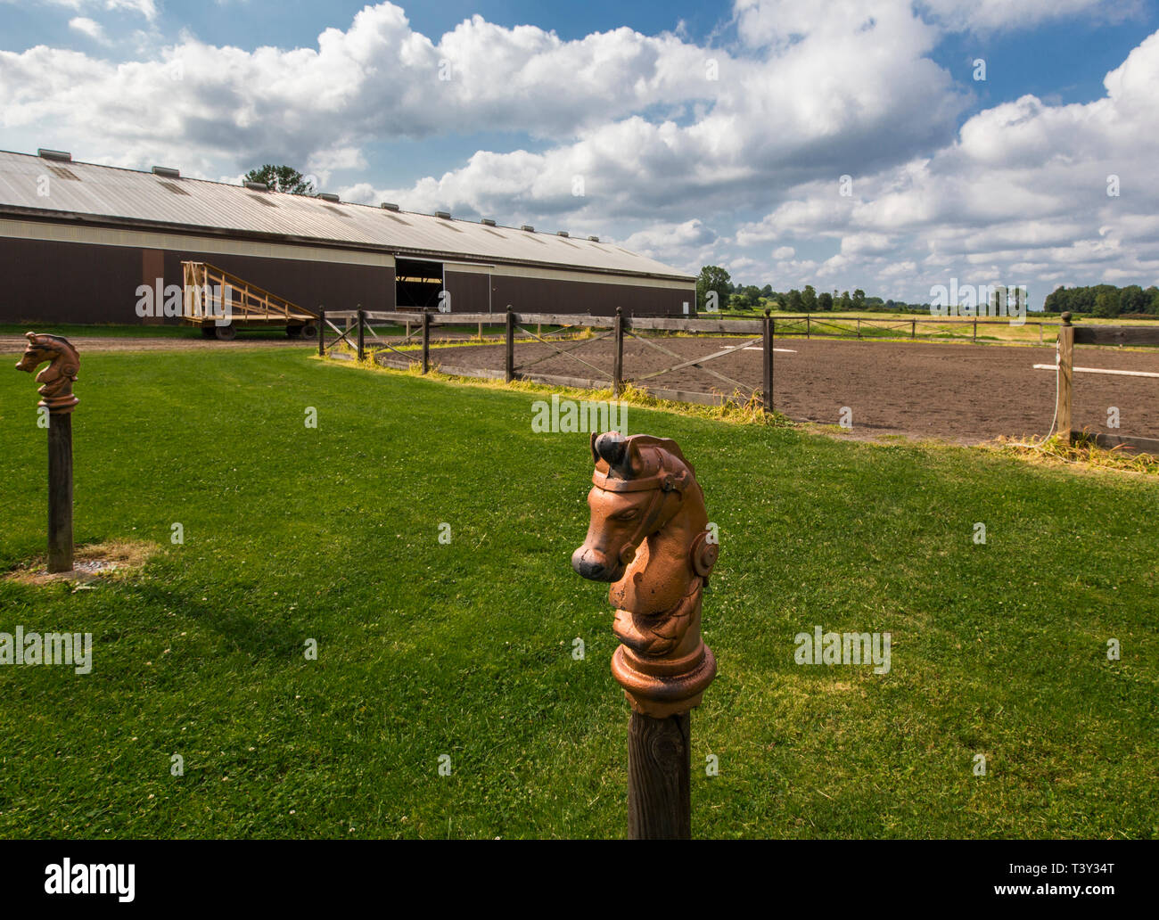 Decorative horse posts on farm Stock Photo Alamy