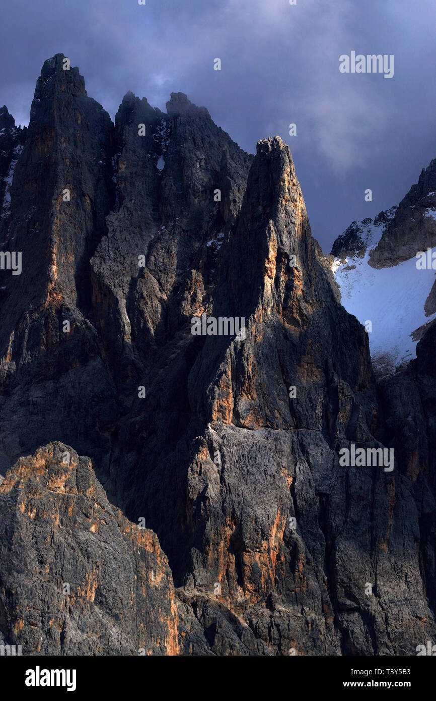 A close-up view on some of the amazing jagged peaks of the Pale di San Martino, one of the most famous and beautiful groups of the Dolomites, as seen  Stock Photo