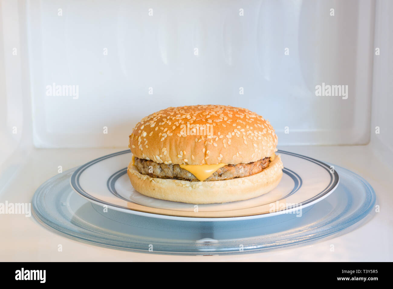 Unappealing microwavable cheese burger on a plate in a microwave oven Stock Photo