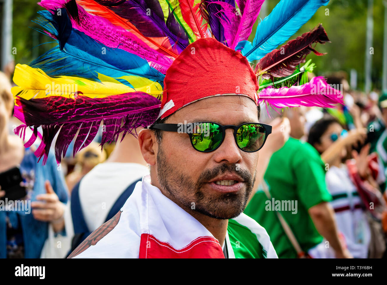 Mexico fan wearing colourful feather headdress - FIFA World Cup Russia 2018 Mexico v Sweden, Ekaterinburg Stock Photo