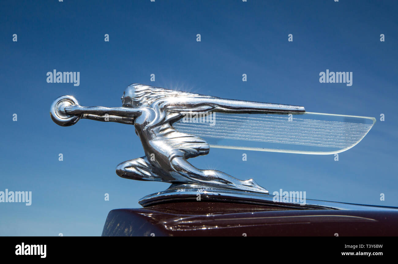 CONCORD, NC (USA) - April 6, 2019:  Closeup of a 1939 Packard automobile hood ornament on display at the Pennzoil AutoFair Classic Car Show at Charlot Stock Photo