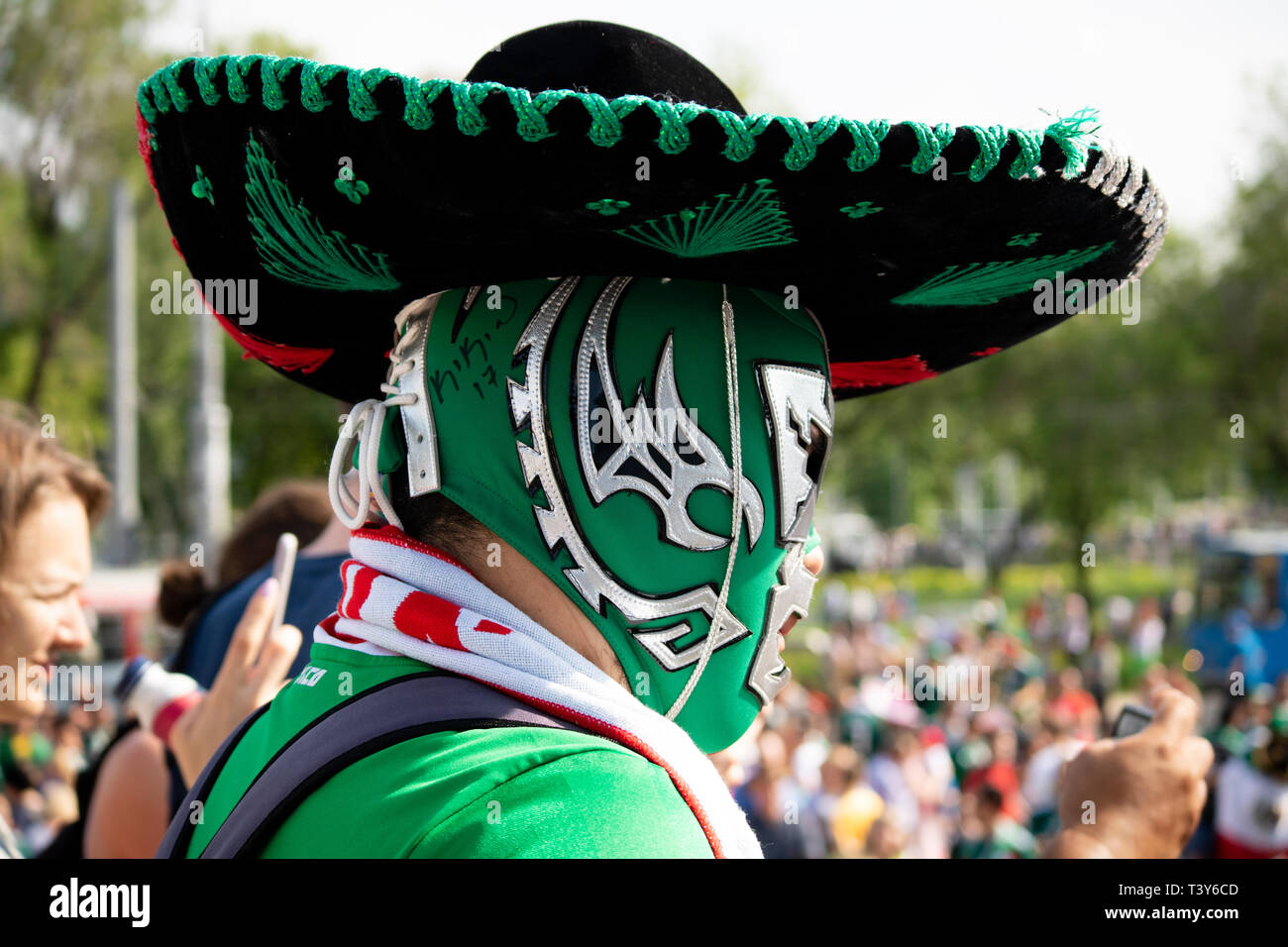 Male Mexico fan wearing green and white Mexican wrestling mask and green and black sombrero - FIFA World Cup Russia 2018 Mexico v Sweden, Ekaterinburg Stock Photo