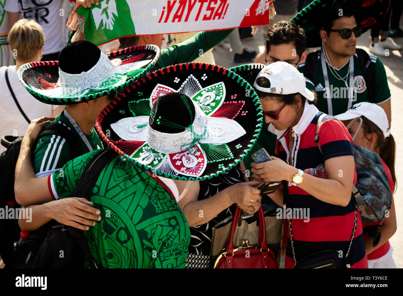 Male Mexican fans wearing colourful sombreros - FIFA World Cup Russia 2018 Mexico v Sweden, Ekaterinburg Stock Photo