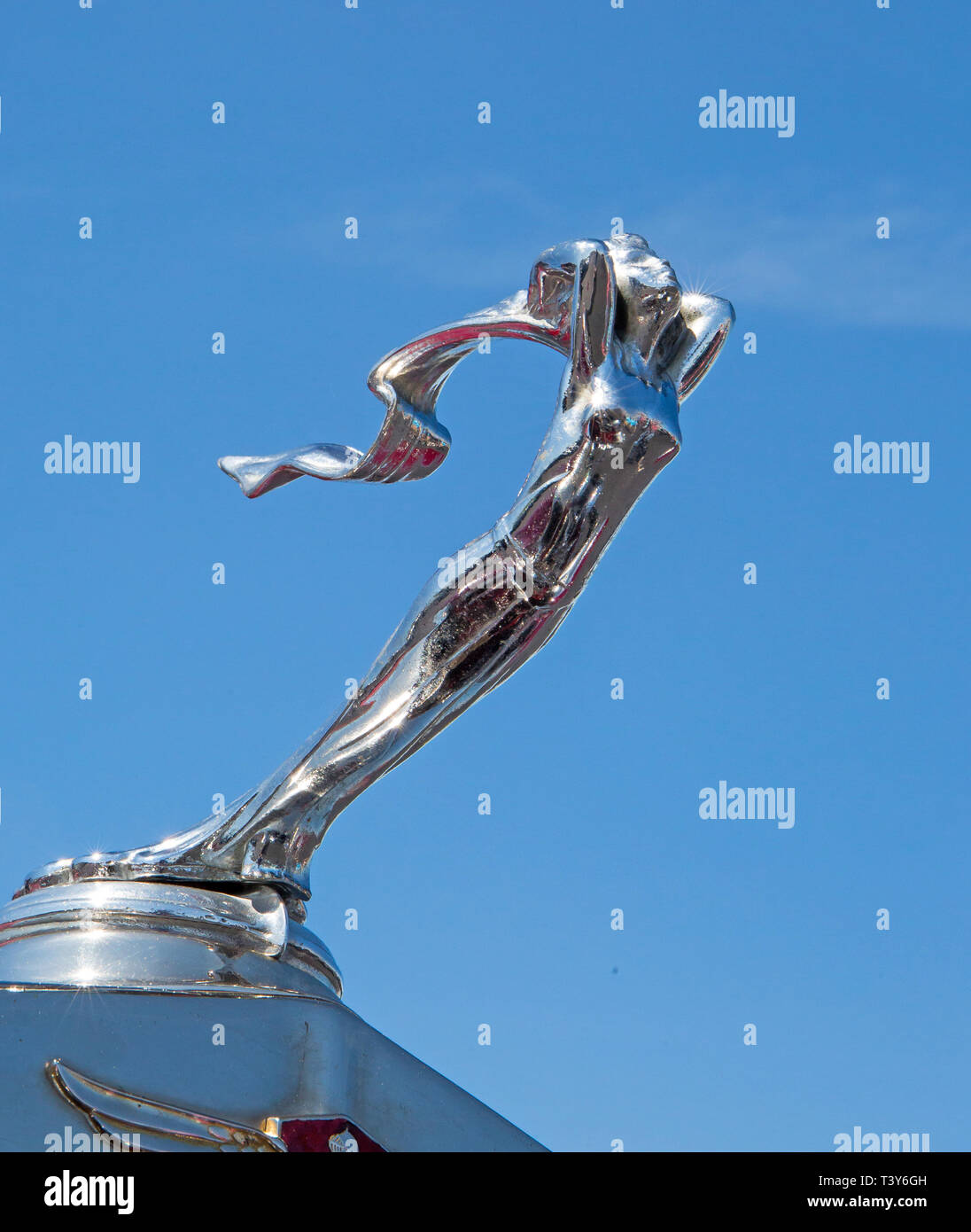 CONCORD, NC (USA) - April 6, 2019:  Closeup of a 1928 LaSalle automobile hood ornament on display at the Pennzoil AutoFair Classic Car Show at Charlot Stock Photo