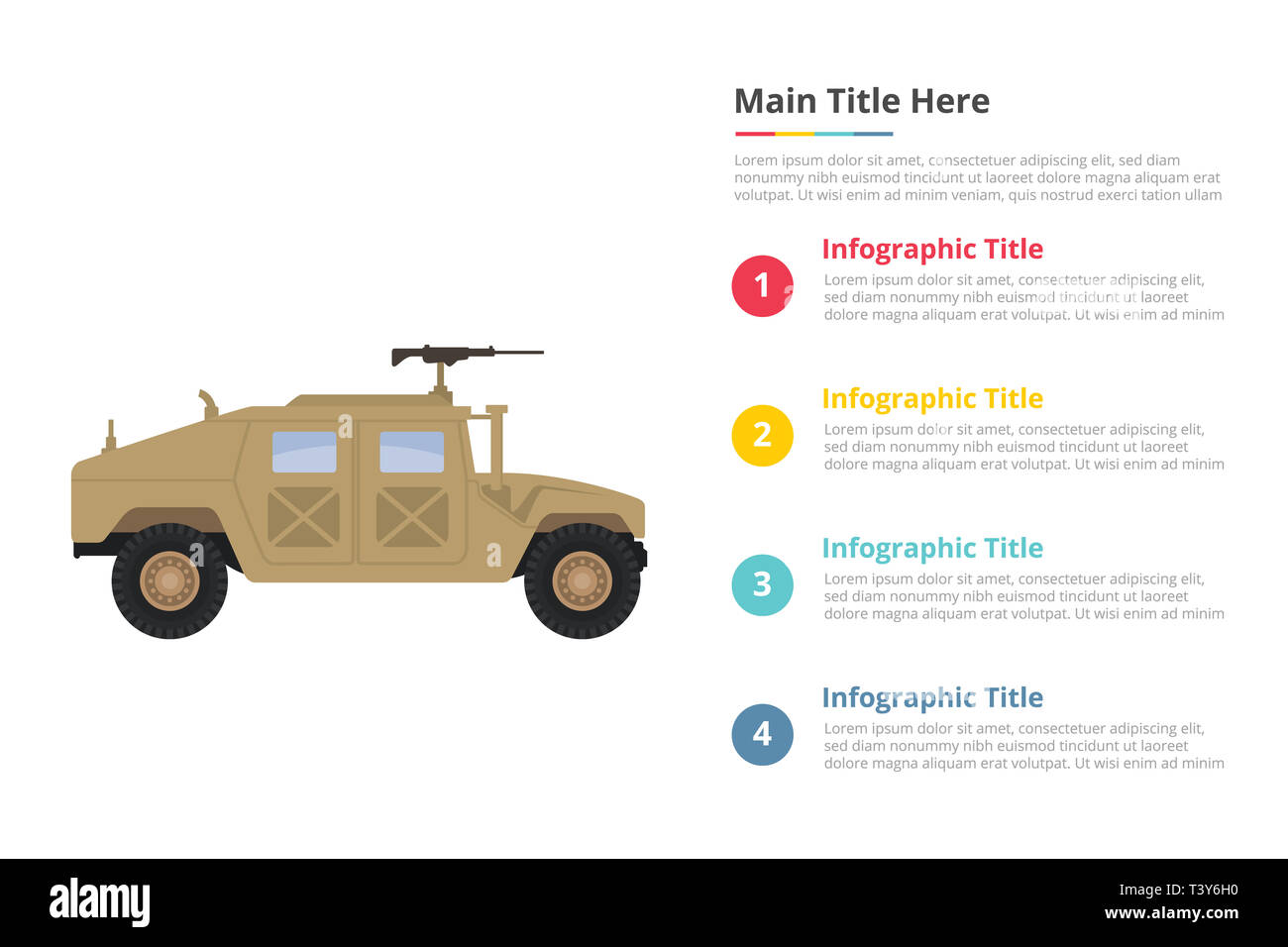humvee military infographics template with 4 points of free space text description - vector illustration Stock Photo