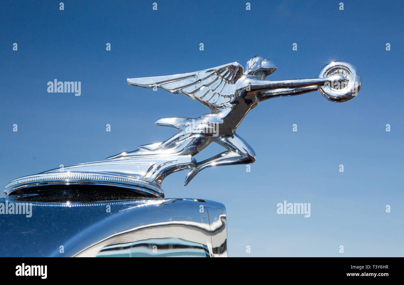 CONCORD, NC (USA) - April 6, 2019:  Closeup of a 1934 Packard automobile hood ornament on display at the Pennzoil AutoFair Classic Car Show at Charlot Stock Photo