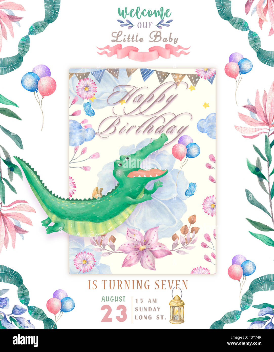Happy birthday card with cute Croc Dandy Watercolor animal. Cute baby