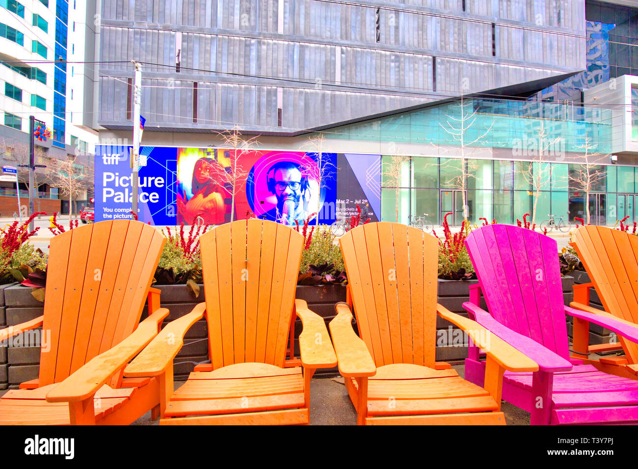 Toronto, Canada-12 October, 2018: Colorful chairs on King street in front if TIFF (Toronto International Film Festival) entrance Stock Photo