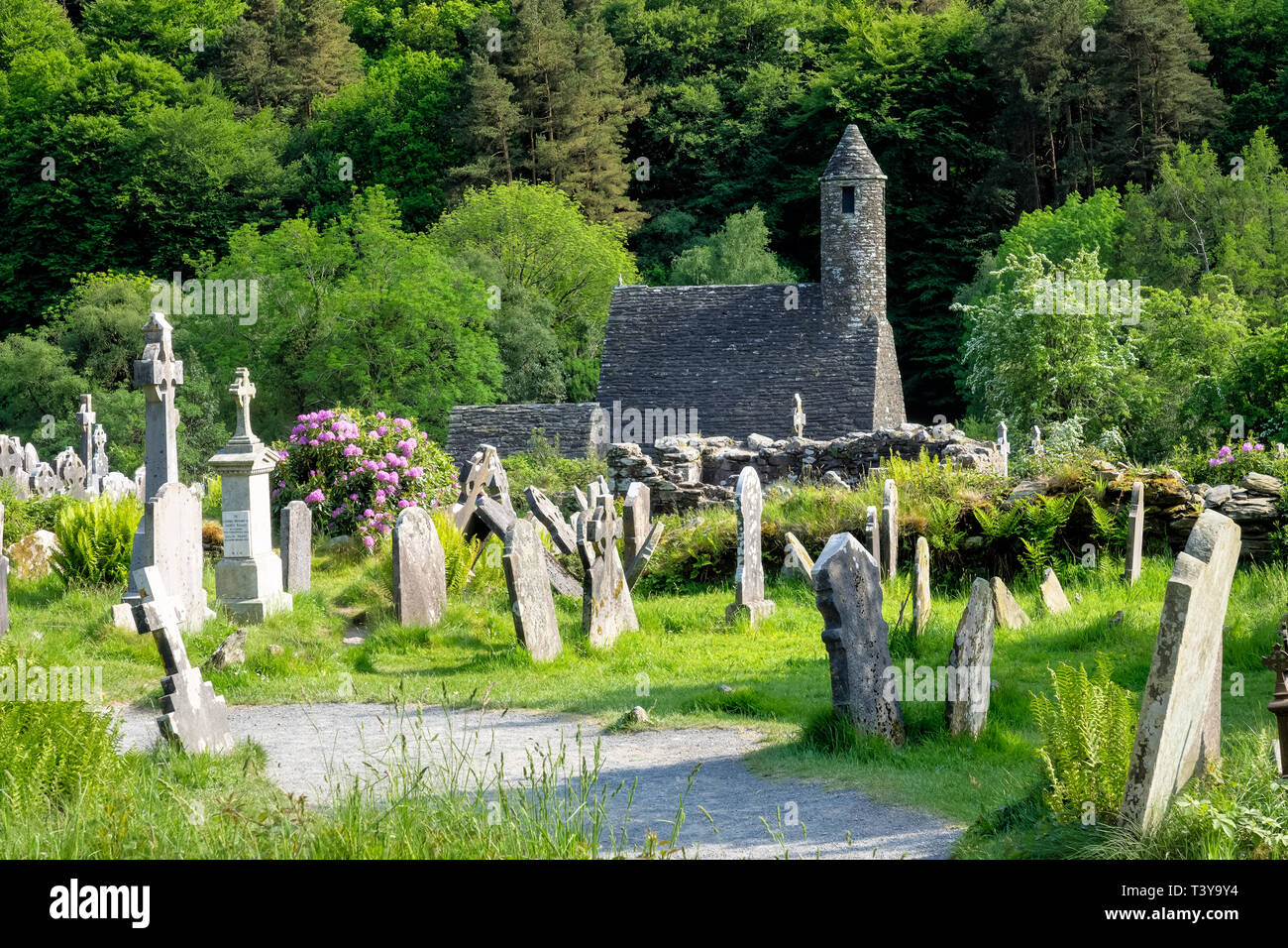 Glendalough is a village with a monastery in County Wicklow, Ireland. The monastery was founded in the 6th century by saint Kevin, hermit and priest,  Stock Photo