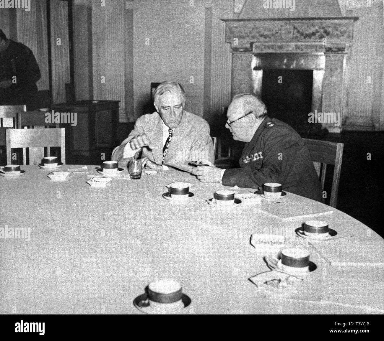Winston Churchill in private conversation with Roosevelt at the Yalta Conference. Crimea. February 1945 Stock Photo