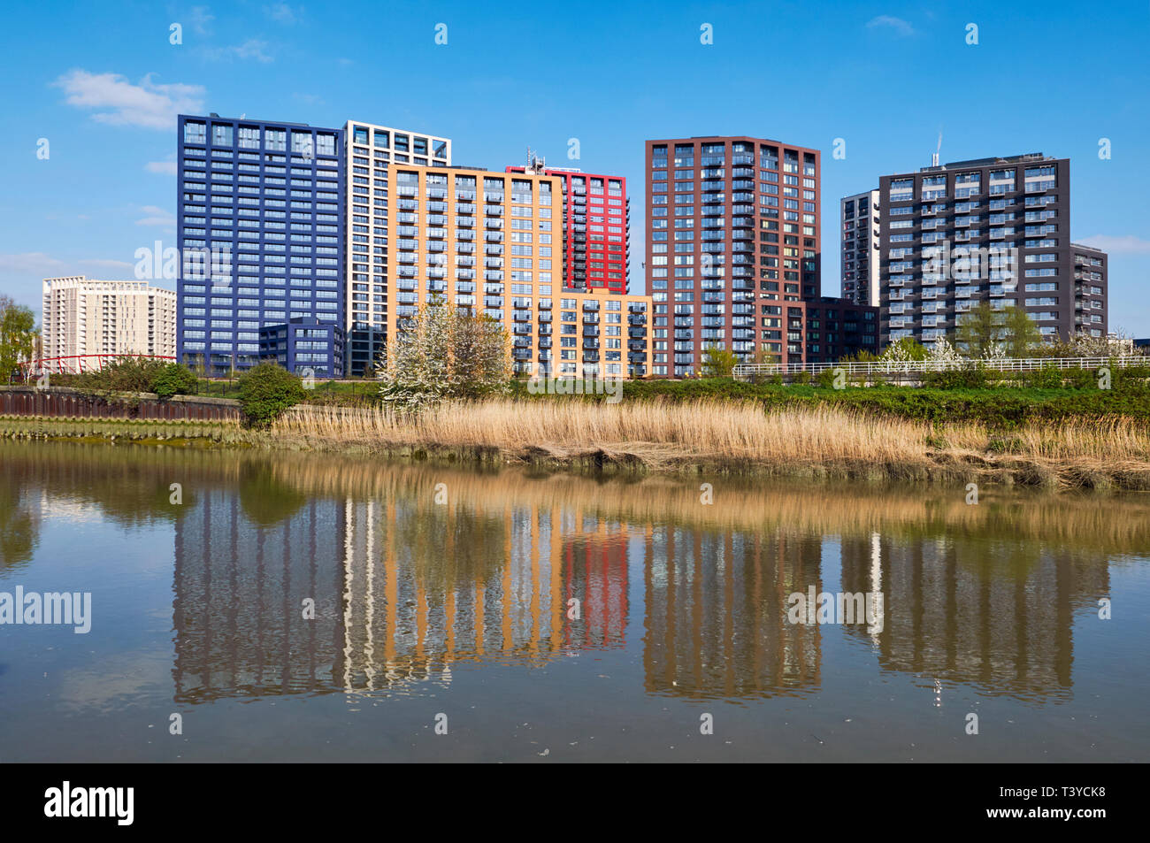 Newly completed apartment blocks at Bow Creek, Poplar, in London's East
