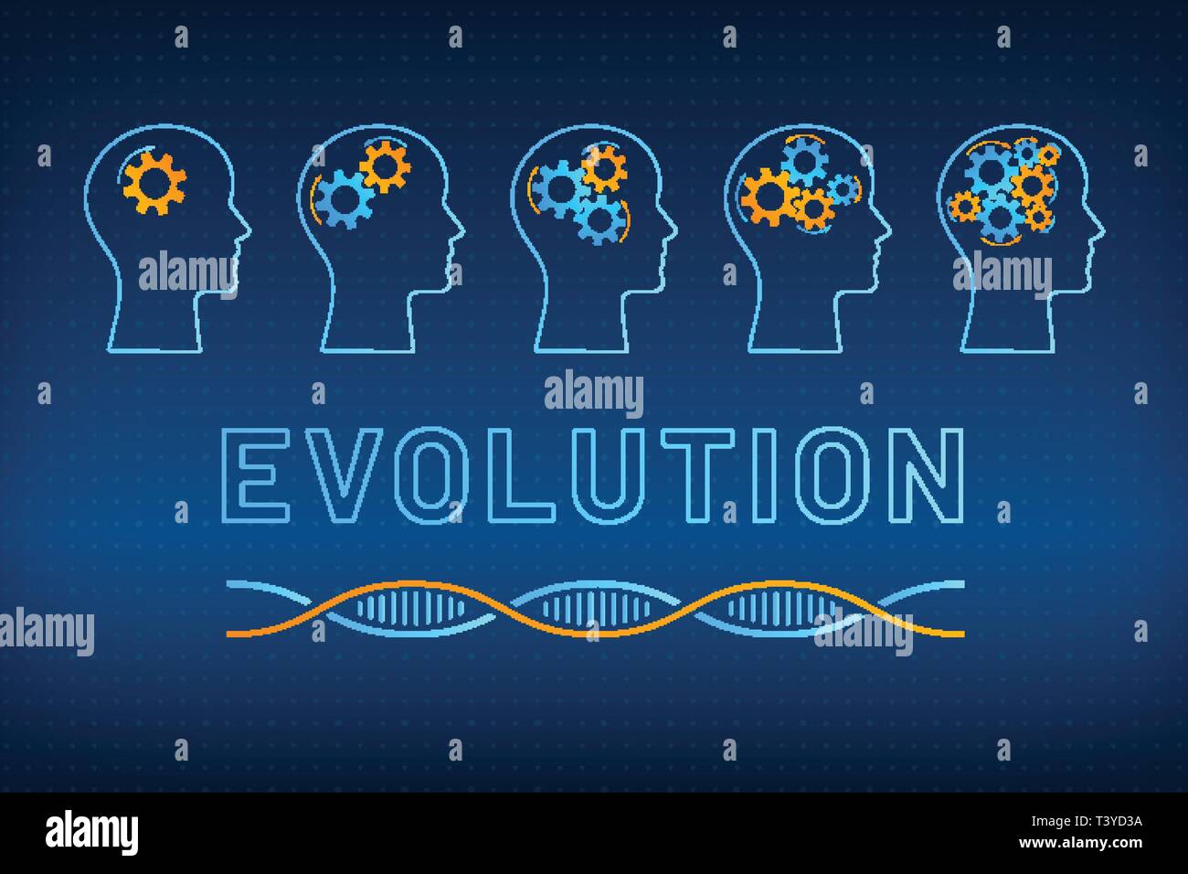 Head silhouette with gear brain evolution concept vector illustration. Face profile with evolving gear mechanism brain, blue, orange dna molecule helix and big sign evolution on tech background Stock Vector Image &