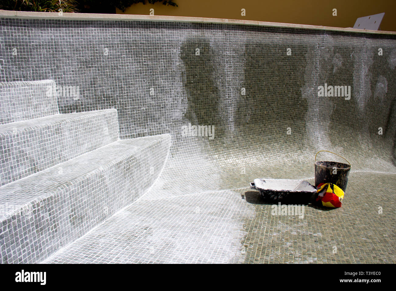 Grouting mosaic tiles in progress on a leaky swimming pool Stock Photo ...
