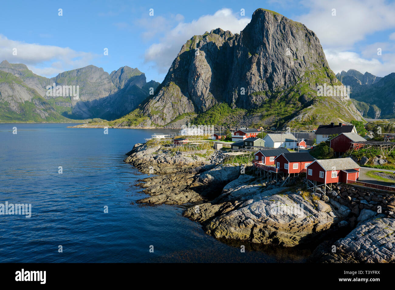 Hamnoy Bridge Viewpoint of the red Rorbu houses of Hamnoy fishing village and landscape on Moskenesøya in the Lofoten Islands Nordland Norway. Stock Photo