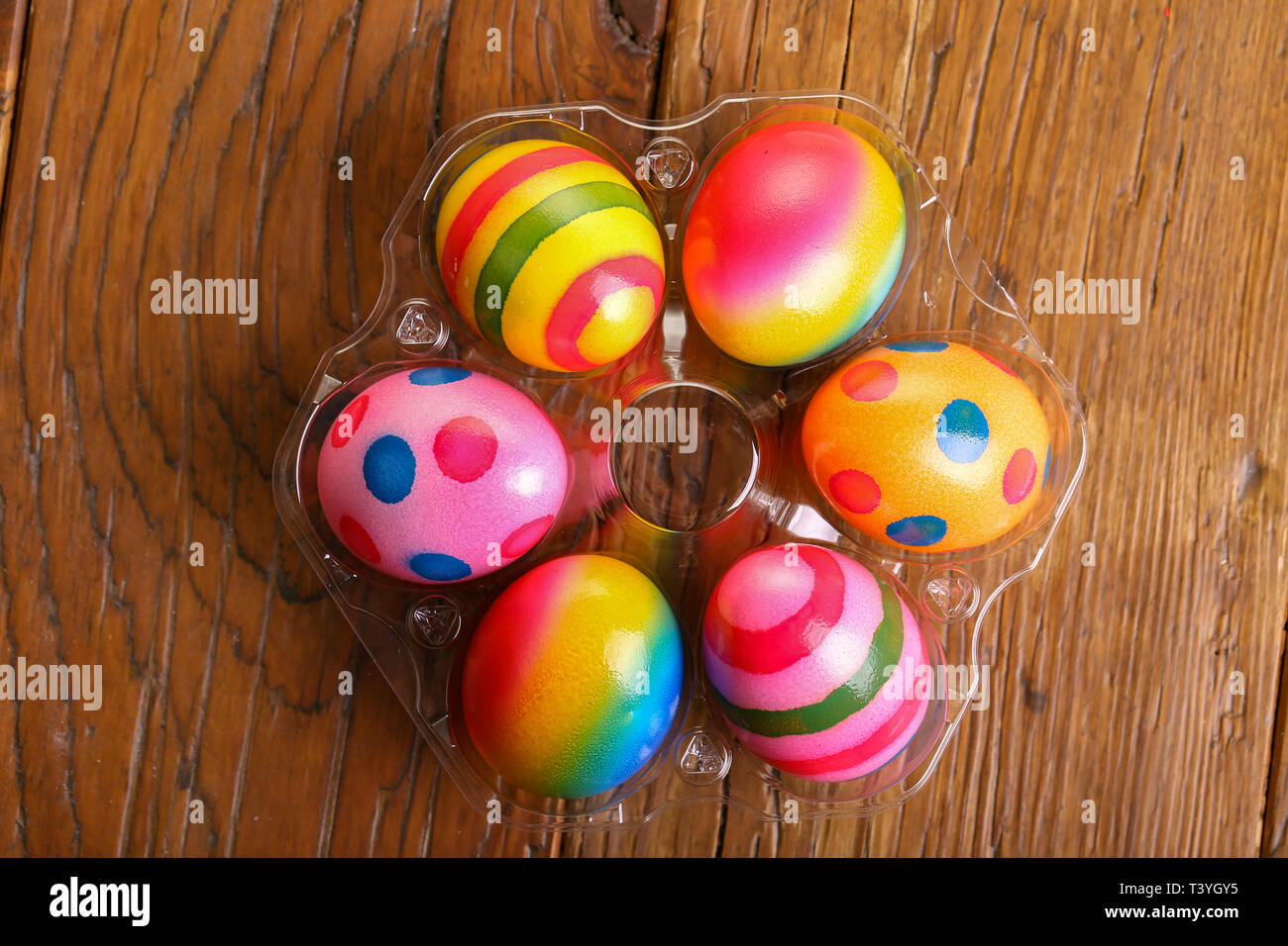 Easter traditions. Compositions with painted Easter eggs. Stock Photo