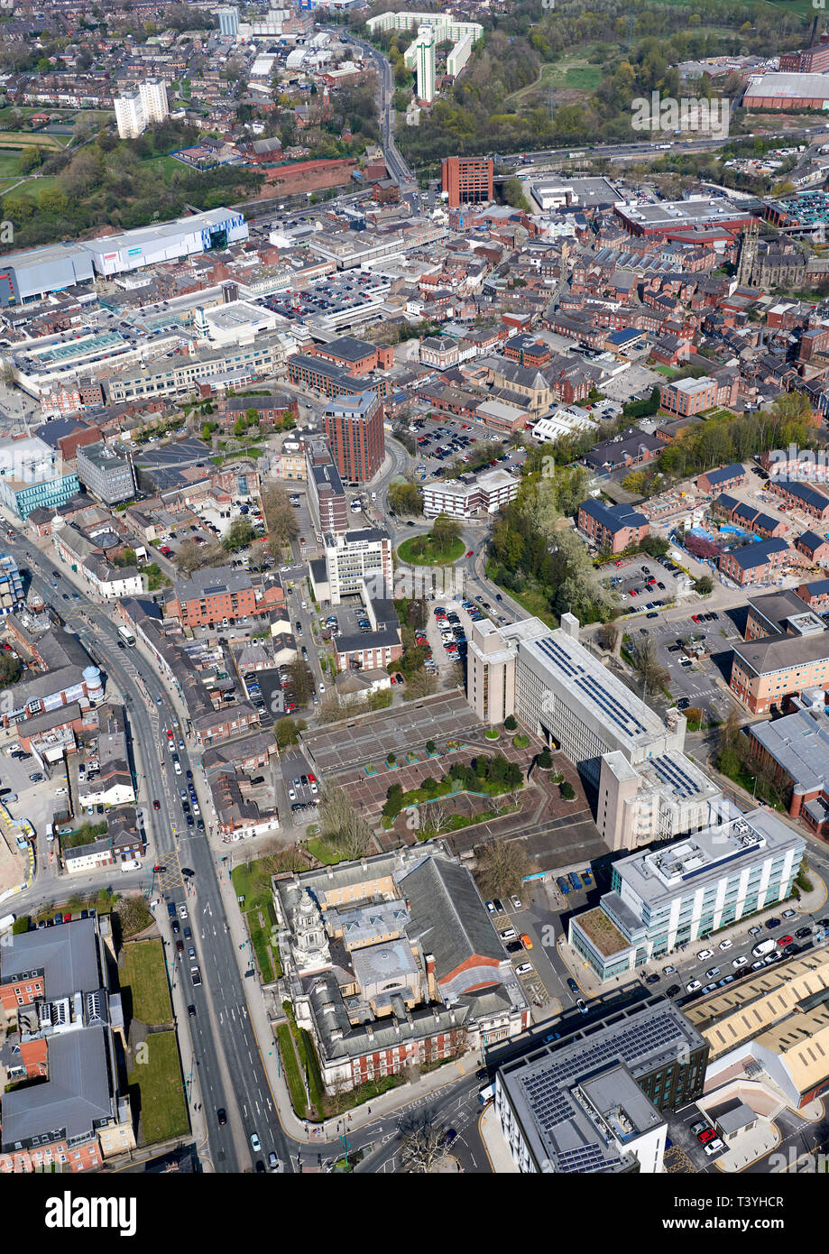 An aerial view of Stockport Civic area, the Town hall and Law Courts, North West England, UK Stock Photo
